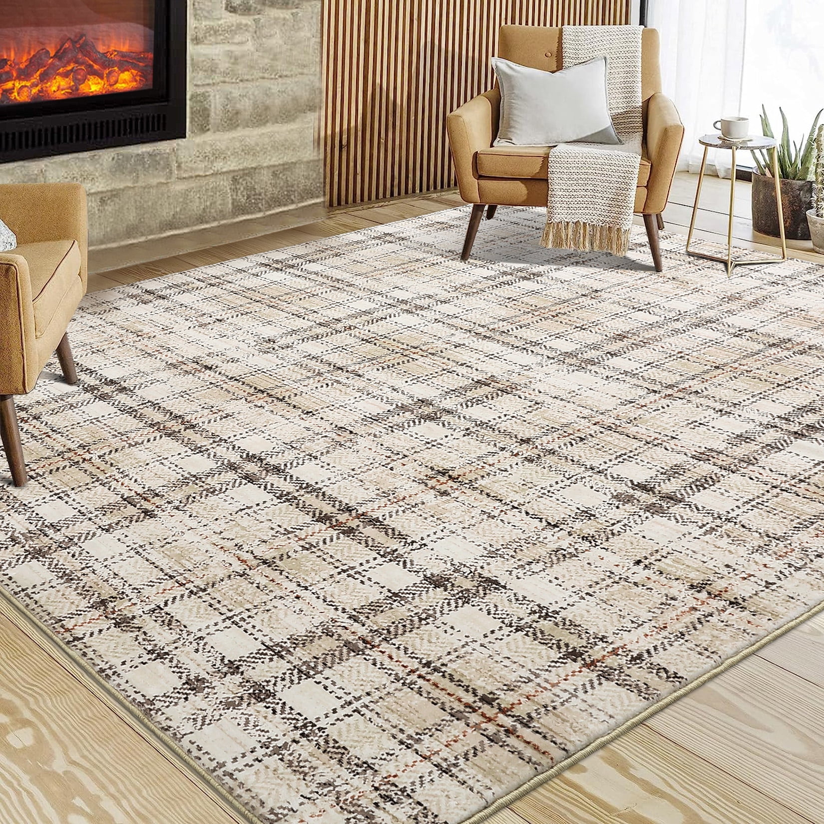 HOMERRY 10' x 13' Area Rug for Living Room Washable Bedroom Plaid Geometric Carpet, Brown/Beige