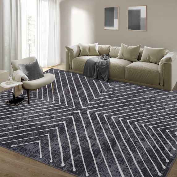 HOMERRY 10' x 13' Area Rug for Living Room Washable Bedroom Striped Geometric Carpet for Floor Decoration, Dark Gray