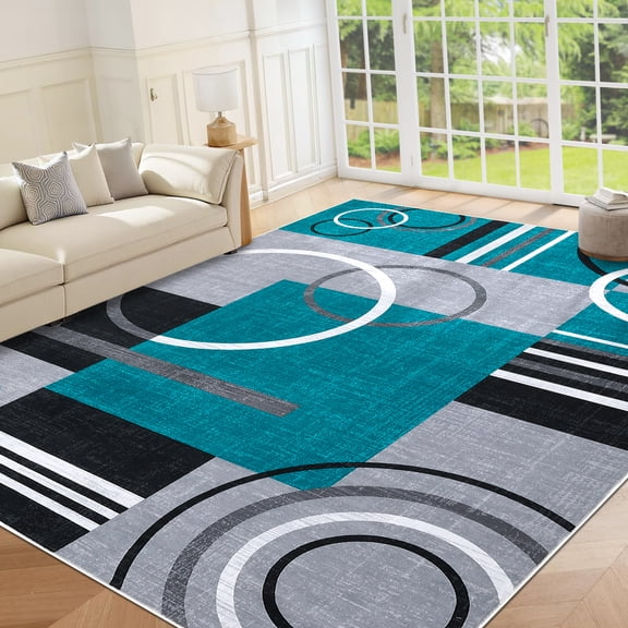 HOMERRY 10′ x 13′ Teal Modern Geometric Area Rug for Living Room Washable Non Slip Indoor Carpet Home Decor