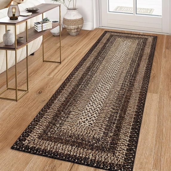 HOMERRY 2' x 10' Black Brown Washable Runner Rug for Kitchen Braided Print Modern Bordered Soft Non-Slip Farmhouse Indoor Carpet