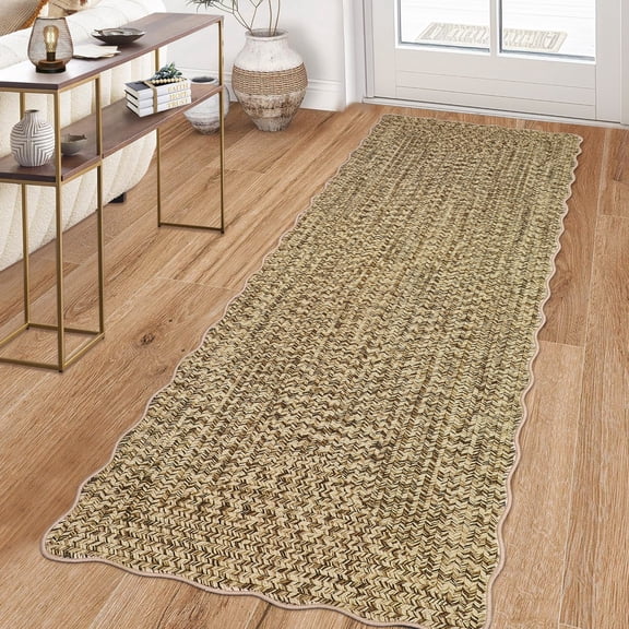 HOMERRY 2′ x 10′ Scalloped‑Edge Yellow Washable Printed Area Rug Farmhouse Non-Slip Low-Pile Thin Soft Indoor Carpet for Living Room Decor