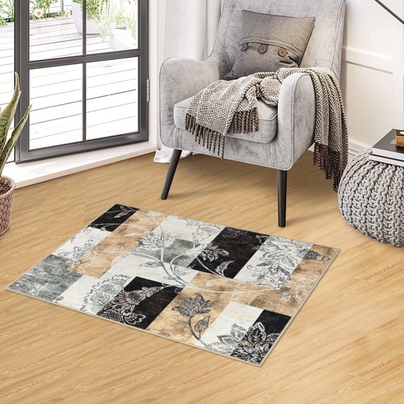 HOMERRY 2' x 3' Entryway Area Rug for Living Room Modern Patchwork Plaid Small Rug Geometric Indoor Accent Rug, Brown