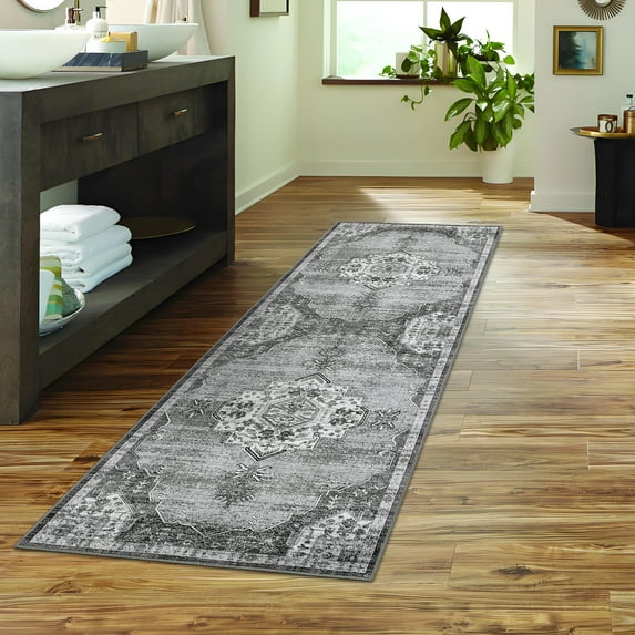 HOMERRY 2' x 6' Area Rug for Kitchen Boho Vintage Floral Non Slip Washable Indoor Carpet, Gray