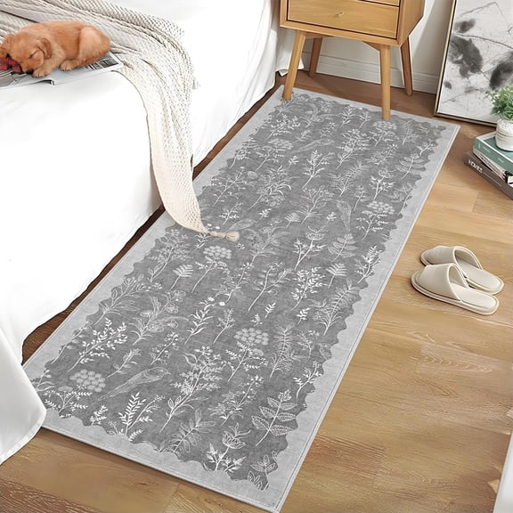 HOMERRY 2' x 6' Bordered Runner for Kitchen Hallway Dorm Indoor Floral Carpet, Light Gray
