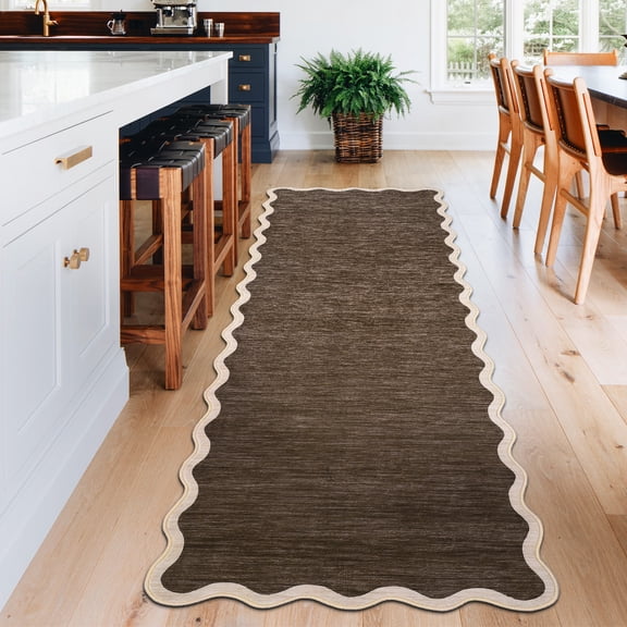 HOMERRY 2' x 6' Brown Scalloped Washable Runner Rug for Kitchen Modern Solid Bordered Accent Throw Carpet for Bedroom Non-Slip Floor Cover Room Home Decor