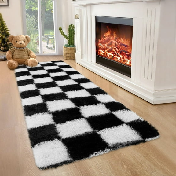 HOMERRY 2' x 6' Fluffy Runner for Kitchen Hallway Geometric Check Runner Rug Fuzzy High Pile Plush Carpet, Black White