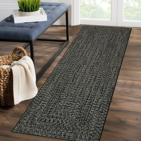 HOMERRY 2' x 6' Modern Area Rug for Hallway Kitchen Braided Print Indoor Washable Neutral Carpet, Black