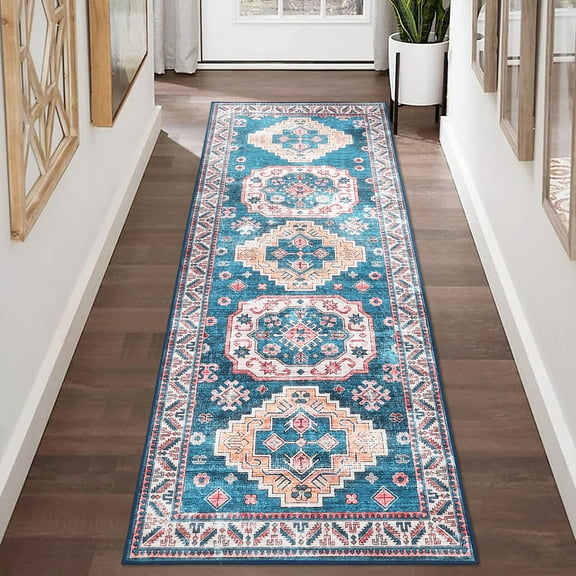 HOMERRY 2' x 6' Runner Rug Machine Washable Kitchen Runner Mat Vintage Area Rug Persian Distressed Runner Rug for Bedroom Living Room Entryway, Teal