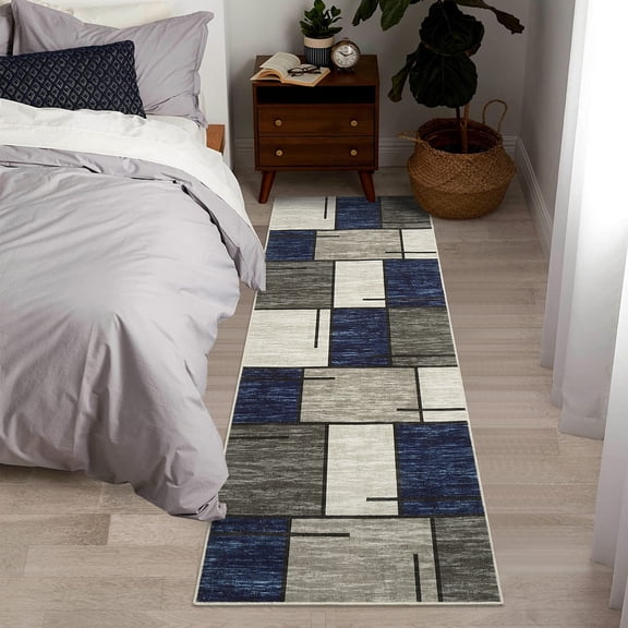 HOMERRY 2' x 6' Runner Rug Modern Geometric Patchwork Print Rug Non-Shedding Non-Slip Floor Mat Bedside Laundry Kitchen Rug, Blue