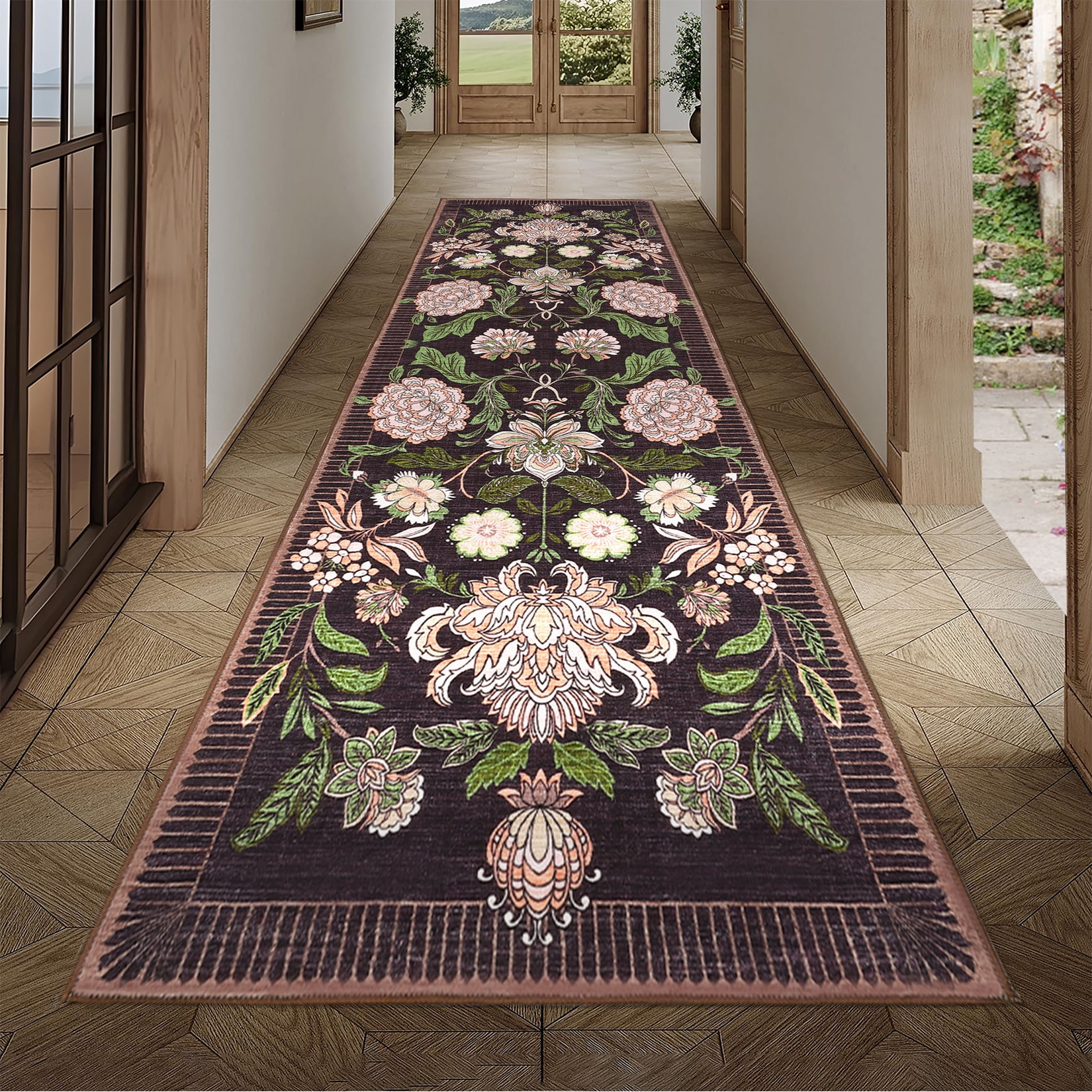HOMERRY 2' x 6' Runner Rug for Hallway Modern Washable Floral Dark Purple Pattern Indoor Carpet