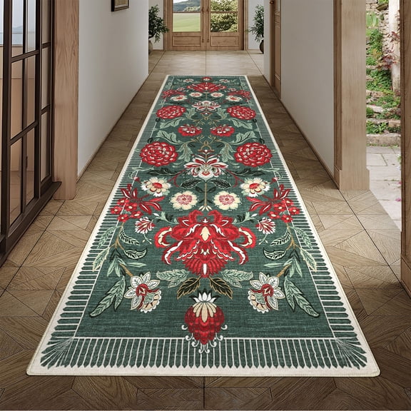 HOMERRY 2' x 6' Runner Rug for Hallway Modern Washable Floral Gray Green Pattern Indoor Carpet