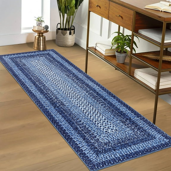 HOMERRY 2' x 6' Runner for Bedroom Imitation Braided Pattern Soft Geometric Living Room Carpet, Navy