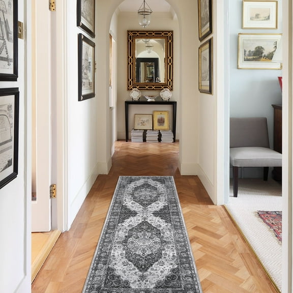 HOMERRY 2' x 6' Runner for Hallway Boho Vintage Rug Non Slip Throw Rugs Floral Bedroom Rug, Gray