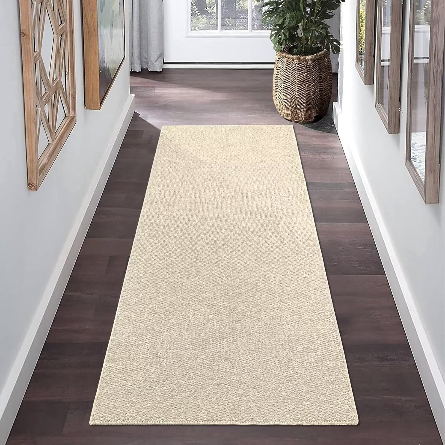 HOMERRY 2' x 6' Runner for Hallway Solid Textured Vintage Rug Non Slip Throw Rugs Bedroom Rug, Cream