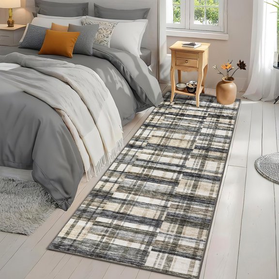 HOMERRY 2' x 6' Washable Runner Rug Geometric Plaid Runner for Hallway Soft Non Slip Low Pile Carpet, Blue