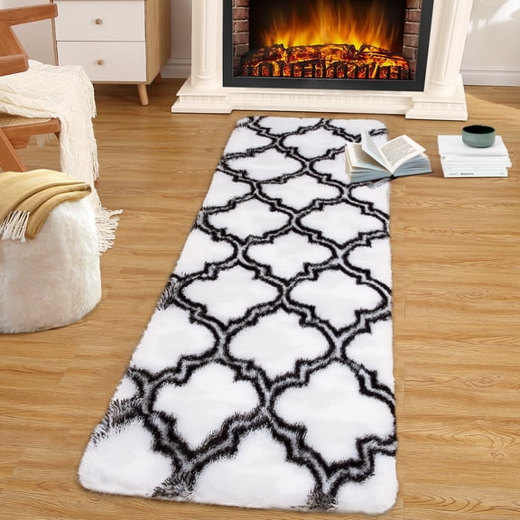 HOMERRY 2' x 8' Fluffy Runner for Living Room Boho Moroccan Runner Rug Fuzzy High Pile Plush Carpet, White/Black