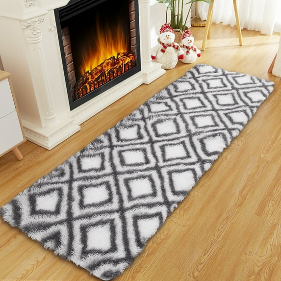HOMERRY 2' x 8' Fluffy Runner for Living Room Boho Moroccan Runner Rug Fuzzy High Pile Plush Carpet, White/Gray
