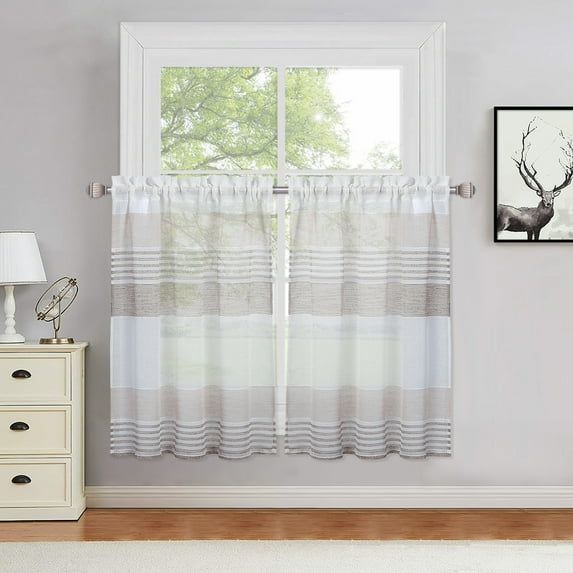 HOMERRY 27"W x 24"L Cafe Curtains Splicing Striped Light Filtering Half Window Curtain for Bathroom, Taupe Brown, Set of 2