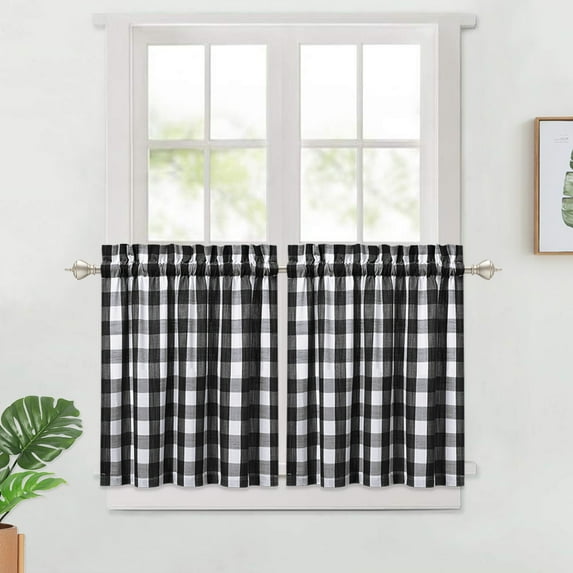 HOMERRY 28"W x 30"L Buffalo Plaid Check Gingham Pattern Tier Curtain Thick Yarn Dyed Cafe Curtains , Black/White, Set of 2
