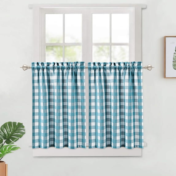 HOMERRY 28"W x 30"L Buffalo Plaid Tier Curtain Thick Yarn Dyed Cafe Curtains Check Gingham Pattern Half Window Curtain for Bathroom, Teal White, Set of 2