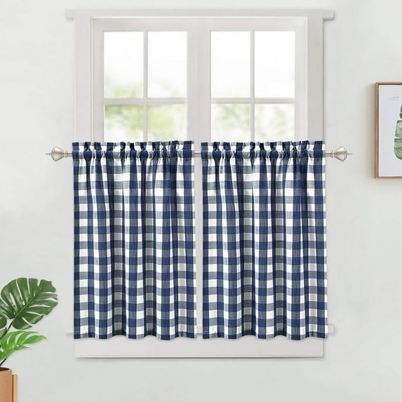 HOMERRY 28"W x 30"L Buffalo Plaid Tier Curtain Thick Yarn Dyed Cafe Curtains for Bathroom, Navy Blue, Set of 2
