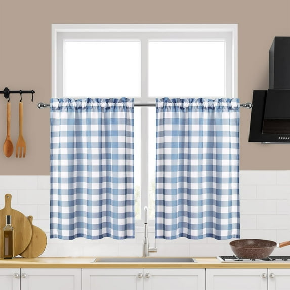 HOMERRY 28"Wx36"L Kitchen Curtains Buffalo Plaid Gingham Farmhouse Light Filtering Cafe Curtains,Light Blue，Set of 2