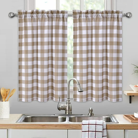 HOMERRY 28"x24" Tier Cafe Curtains Buffalo Plaid Gingham Light Filtering Kitchen Curtain, Taupe, 2 Panels