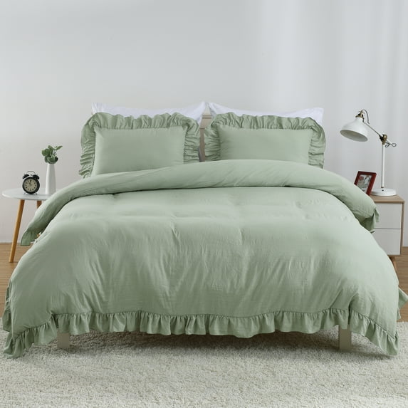 HOMERRY 2Pcs Twin Size Ruffled Duvet Cover Soft Washed Microfiber Vintage French Country Duvet Cover Set for Kids Girls, Green