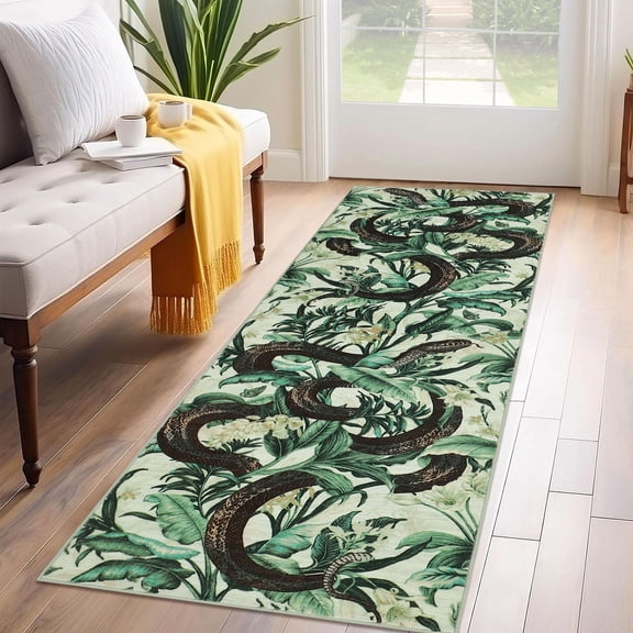 HOMERRY 2x6 Washable Runner Tropical Jungle Snake Non-Slip Throw Carpet for Hallway Kitchen, Beige/Green