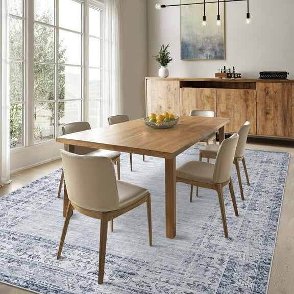 HOMERRY 3' x 5' Thow Area Rugs for Living Room Modern Washable Indoor Floral Border Print Carpet, Blue