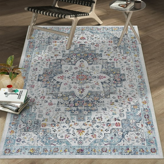 HOMERRY 3x5 Washable Entryway Rug for Living Room, Vintage Persian Area Rug Non Slip Indoor Door Mat Floral Print Distressed Oriental Floor Cover, Light Blue