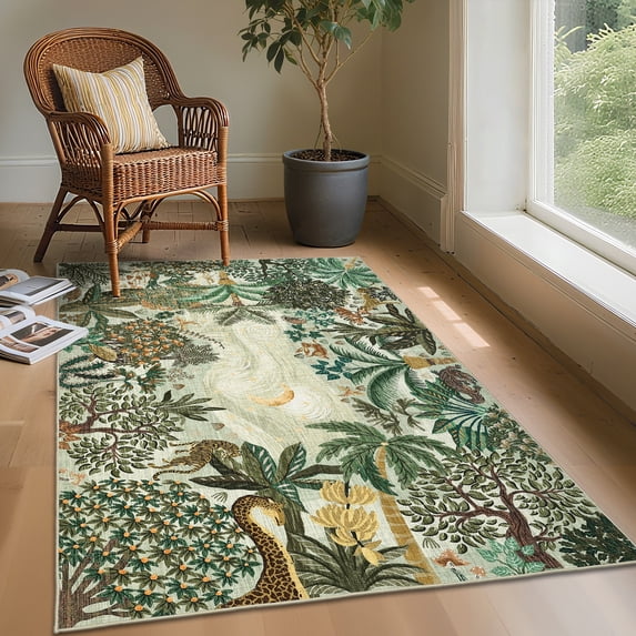 HOMERRY 4' x 6' Green Night Jungle Print Non-Shedding Area Rug for Living Room Washable Indoor Carpet