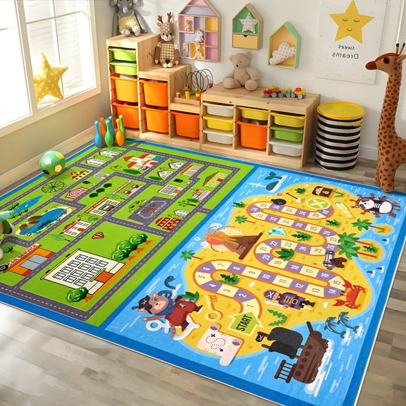 HOMERRY 4' x 6'Indoor Play Area Rug for Living Room with Rubber Backing Washable Fun Throw Rug for Playroom Blue