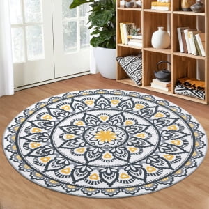 Yellow and Black Floral Round Washable Faux Wool Rug, 4'x4'