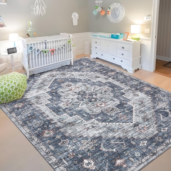 HOMERRY 5' x 7' Area Rug for Living Room Boho Vintage Floral Washable Indoor Carpet, Blue