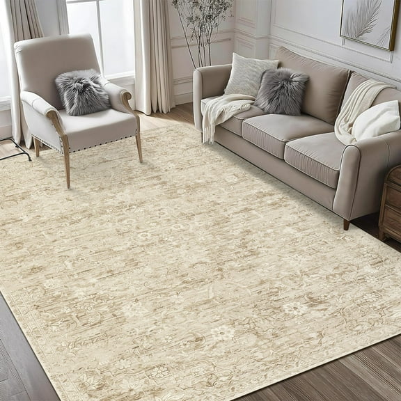 HOMERRY 5' x 7' Area Rug for Living Room Boho Vintage Rug Non Slip Throw Rugs Floral Bedroom Rug, Camel