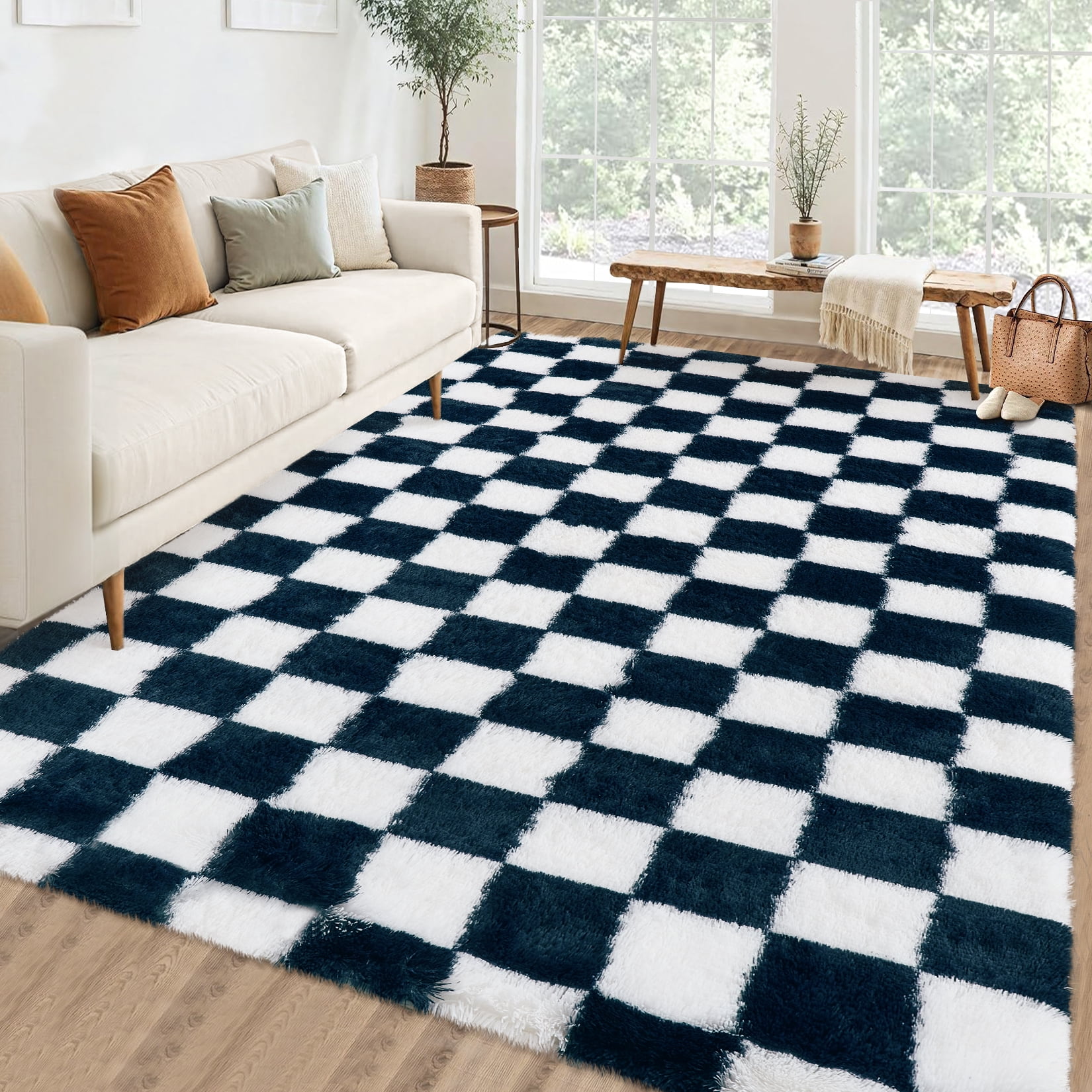 HOMERRY 5' x 8' Fluffy Throw Rug for Living Room Geometric Check Shaggy Indoor Carpet Fuzzy High Pile Plush Floor Cover, Navy White