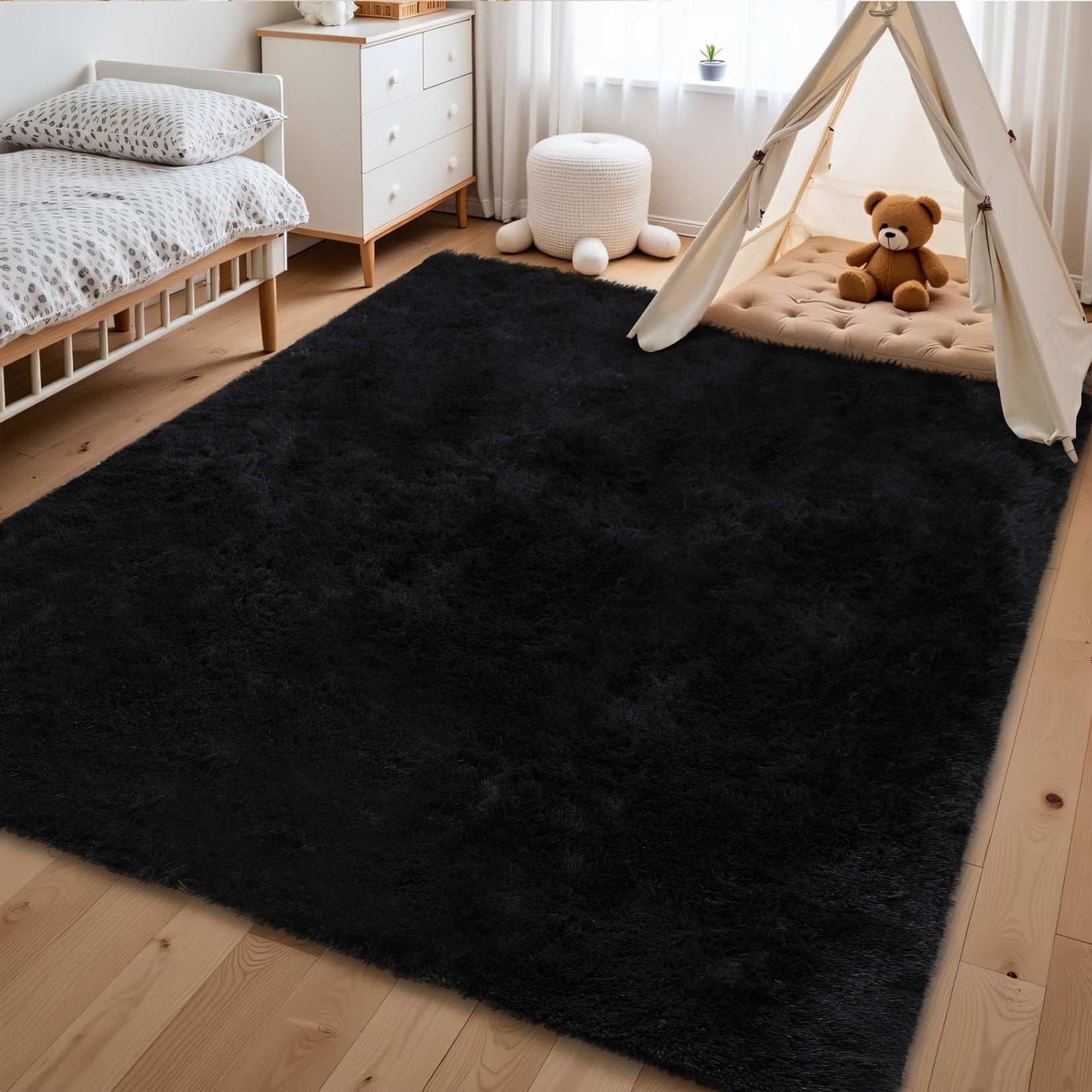 HOMERRY 5ft x 8ft Shaggy Area Rugs for Bedroom Living Room Fluffy Rug Plush Decorative Rug for Indoor Home Floor Carpet, Black