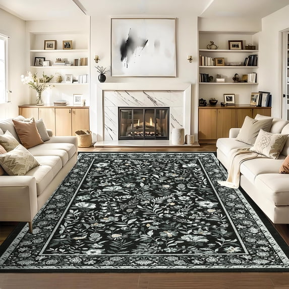 HOMERRY 6′ x 9′ Black Floral Print Non Slip Area Rug for Living Room Washable Indoor Carpet