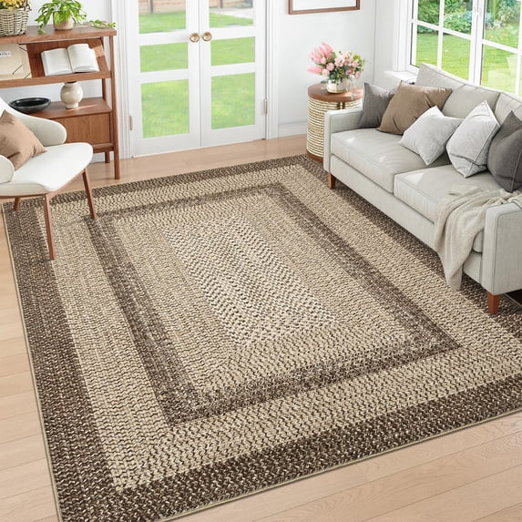 HOMERRY 6' x 9' Camel Washable Area Rug for Living Room Braided Print Modern Bordered Soft Non-Slip Farmhouse Indoor Carpet