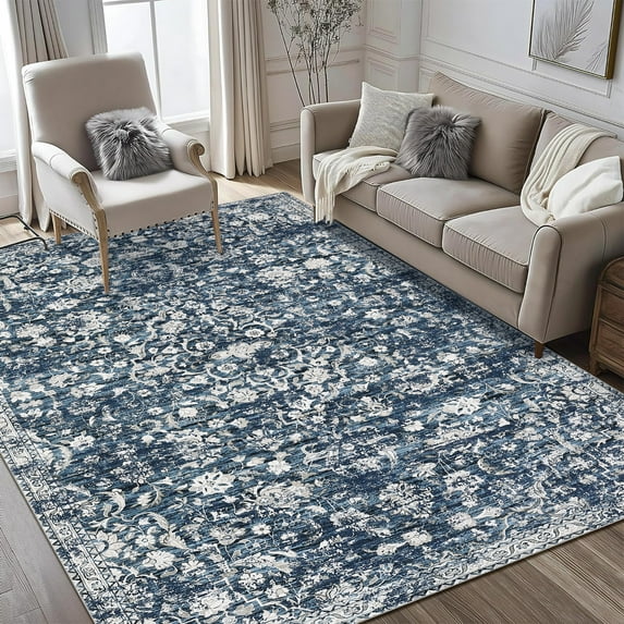 HOMERRY 8' x 10' Area Rug for Living Room Boho Vintage Rug Non Slip Throw Rugs Floral Bedroom Rug, Blue