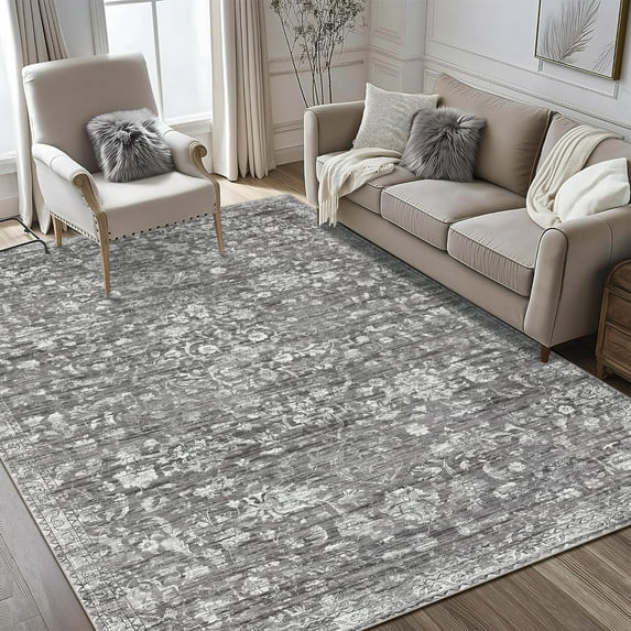 HOMERRY 8' x 10' Area Rug for Living Room Boho Vintage Rug Non Slip Throw Rugs Floral Bedroom Rug, Gray
