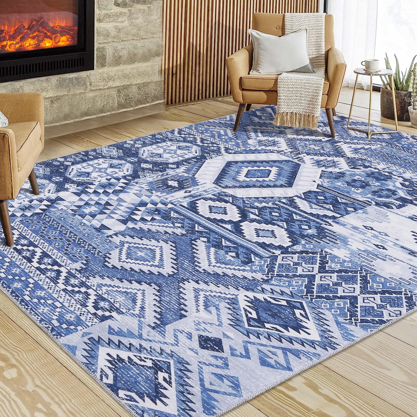 HOMERRY 8' x 10' Area Rug for Living Room Vintage Bohemian Patterns Washable Bedroom Non-Slip Carpet for Home Decor, Blue