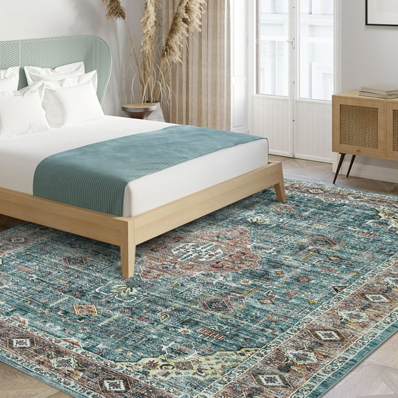 HOMERRY 8' x 10' Area Rugs for Living Room, Vintage Persian Rug Distressed Print Indoor Floor Cover Non Slip Washable Oriental Bedroom Carpet, Green