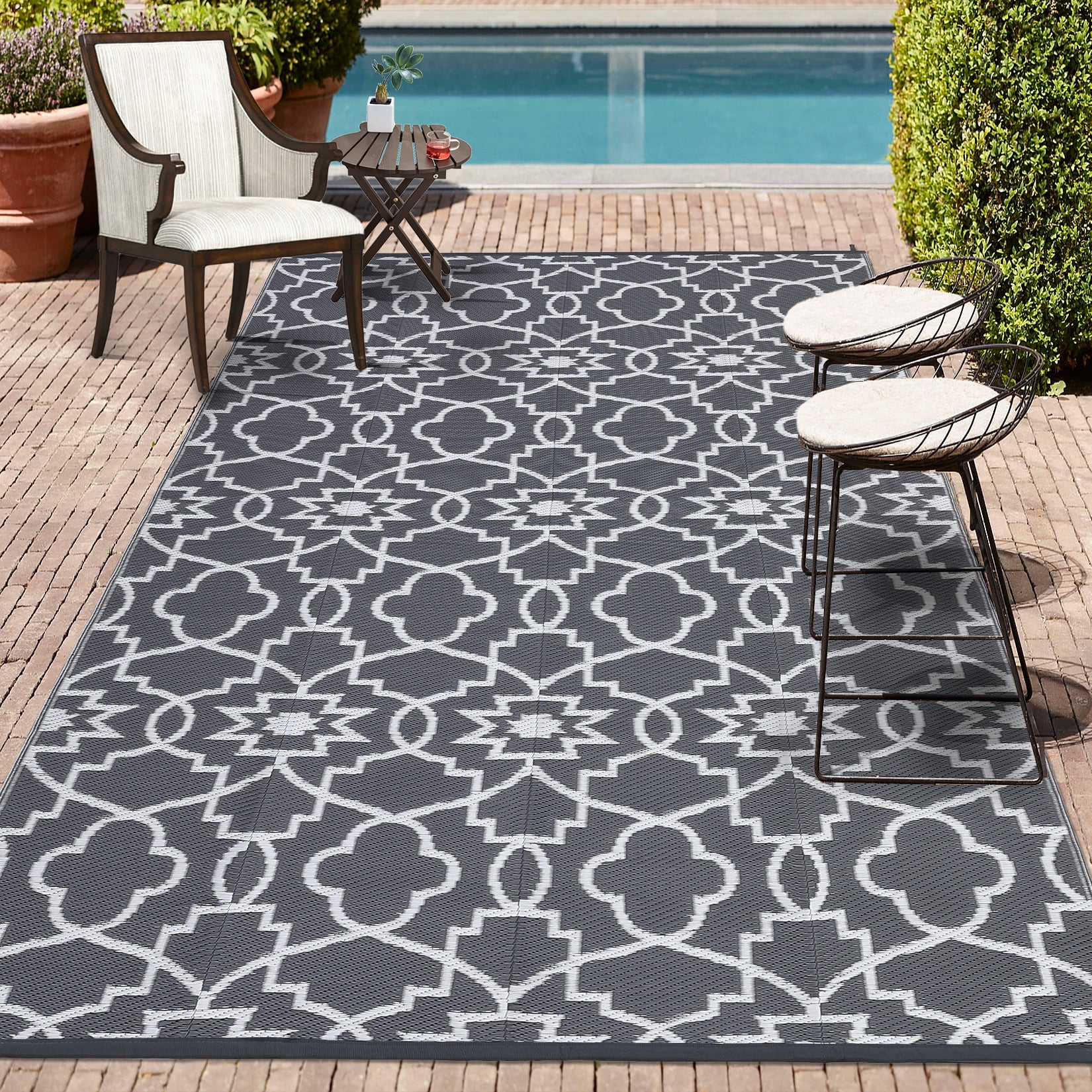 HOMERRY 8' x 10' Grey & White Outdoor Rug Plastic Straw Rug Bohemia