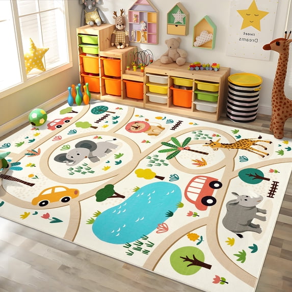HOMERRY 8' x 10'Indoor Play Area Rug for Living Room with Rubber Backing Washable Fun Throw Rug for Playroom Beige