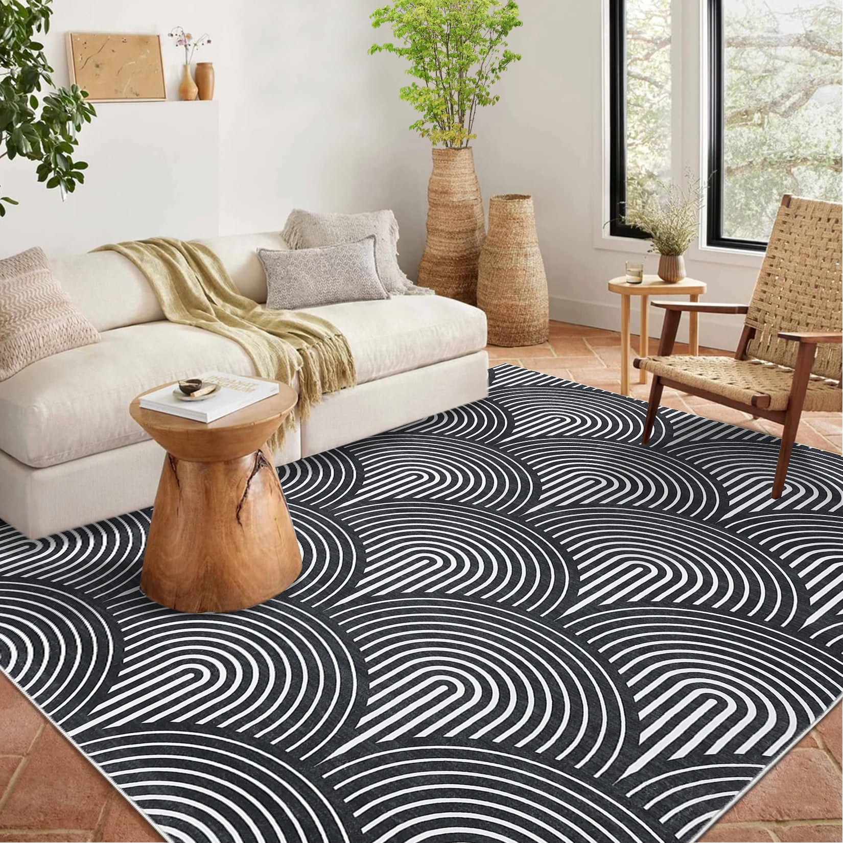 HOMERRY 8' x 10' Living Room Rug Washable Rug Large Modern Area Rugs for Bedroom Thin Rug Contemporary Black Lines Print Accent Rug