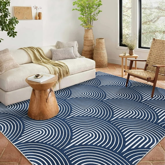 HOMERRY 8' x 10' Living Room Rug Washable Rug Large Modern Area Rugs for Bedroom Thin Rug Contemporary Navy Blue Lines Print Accent Rug