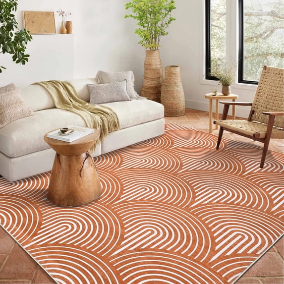 HOMERRY 8' x 10' Living Room Rug Washable Rug Large Modern Area Rugs for Bedroom Thin Rug Contemporary Orange Lines Print Accent Rug