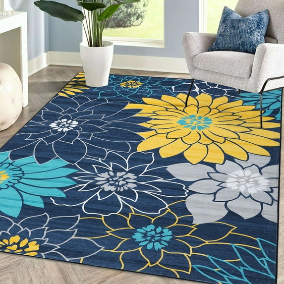 HOMERRY 8' x 10' Modern Floral Rugs for Living Room Washable Area Rug for Bedroom Non-Shedding Accent Rugs, Blue